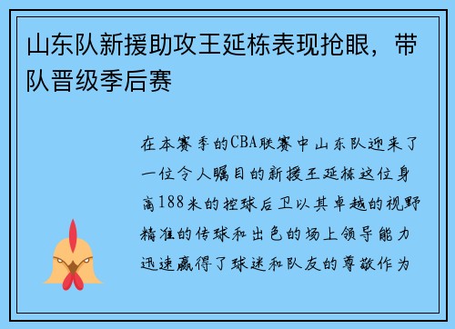 山东队新援助攻王延栋表现抢眼，带队晋级季后赛