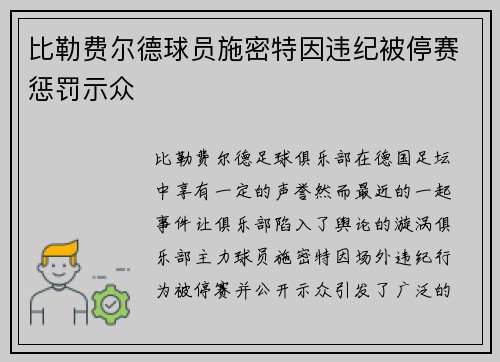 比勒费尔德球员施密特因违纪被停赛惩罚示众