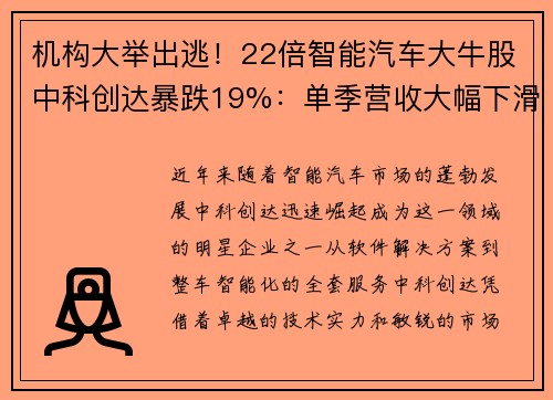 机构大举出逃！22倍智能汽车大牛股中科创达暴跌19%：单季营收大幅下滑引发市场恐慌