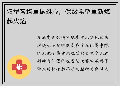 汉堡客场重振雄心，保级希望重新燃起火焰